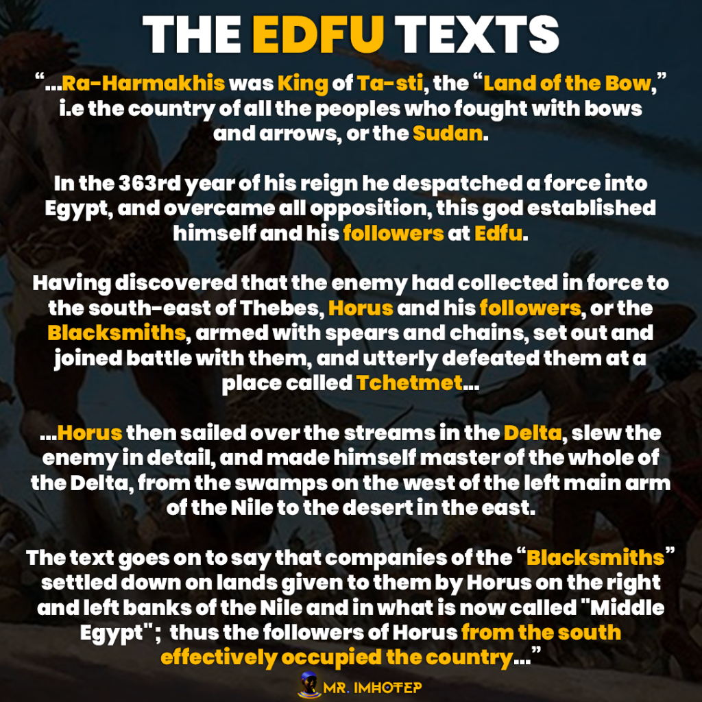 The Edfu texts horus Ra-harmakhis Ta seti Ta-seti Land of the bow Sudan blacksmiths